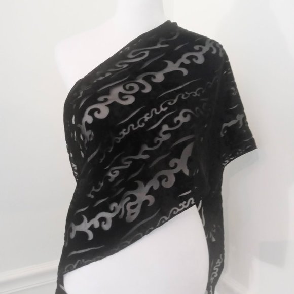 Sheer Wave Pattern Rectangle Velour Black Scarf 60" x 12" - Picture 1 of 3